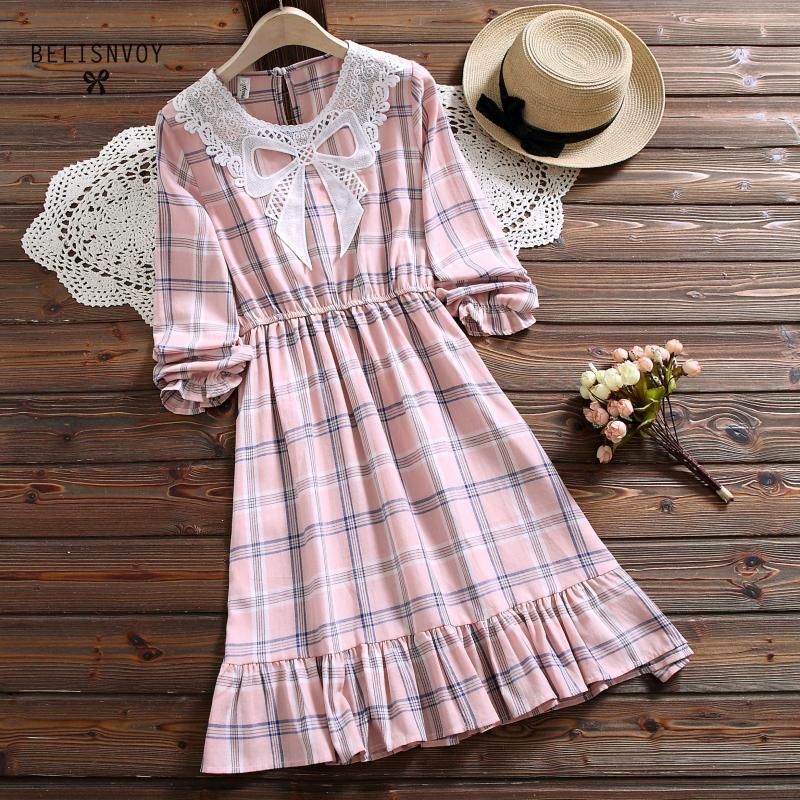 

Japanese Mori Girl Kawaii Ruffles Dress Spring Autumn Vintage Vestidos Women Bow Lace Collar Long Sleeve Pink Plaid Mini Dresses