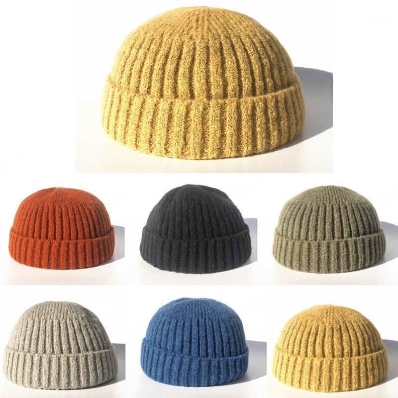 

INS Unisex men solid Thick warm cotton knitting beanies caps Striped skullies Skullcap gorros Landlord hat for winter1