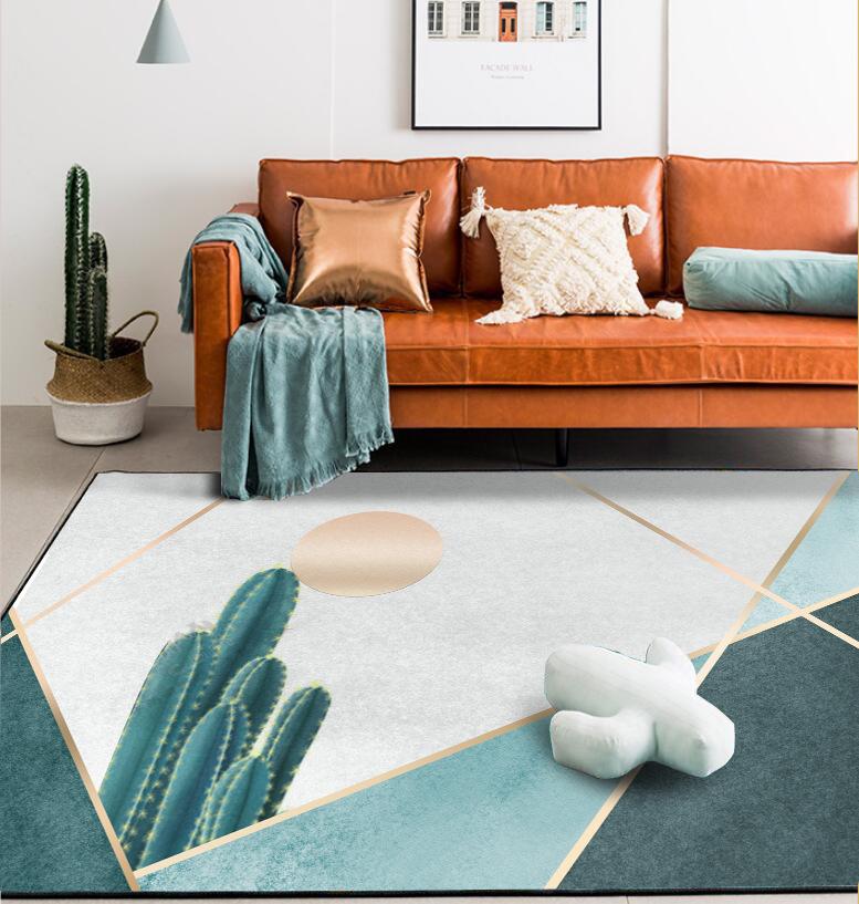 

Modern fashion Nordic cactus green gold line door mat bedroom living room bedside carpet floor, Cactus sun