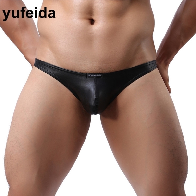 

YUFEIDA Sexy Men Briefs Underwear Hip Empty Briefs Men's Underwear Bulge Pouch Exotic Jockstrap Faux Leather Underpants Panites 201112, 1pcs