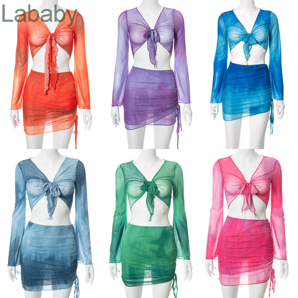 

2022 Women Two Piece Dress Tie Dye Long Sleeve Crop Tops Open Navel Pleated Gauze Skirt Suits Sexy Club Outfits Matching Sets, Cool grey