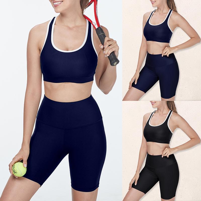 

Women Two-piece Sportswear Set Solid Color Sleeveless Sports Bra High Waist Shorts Women Suits1, Black