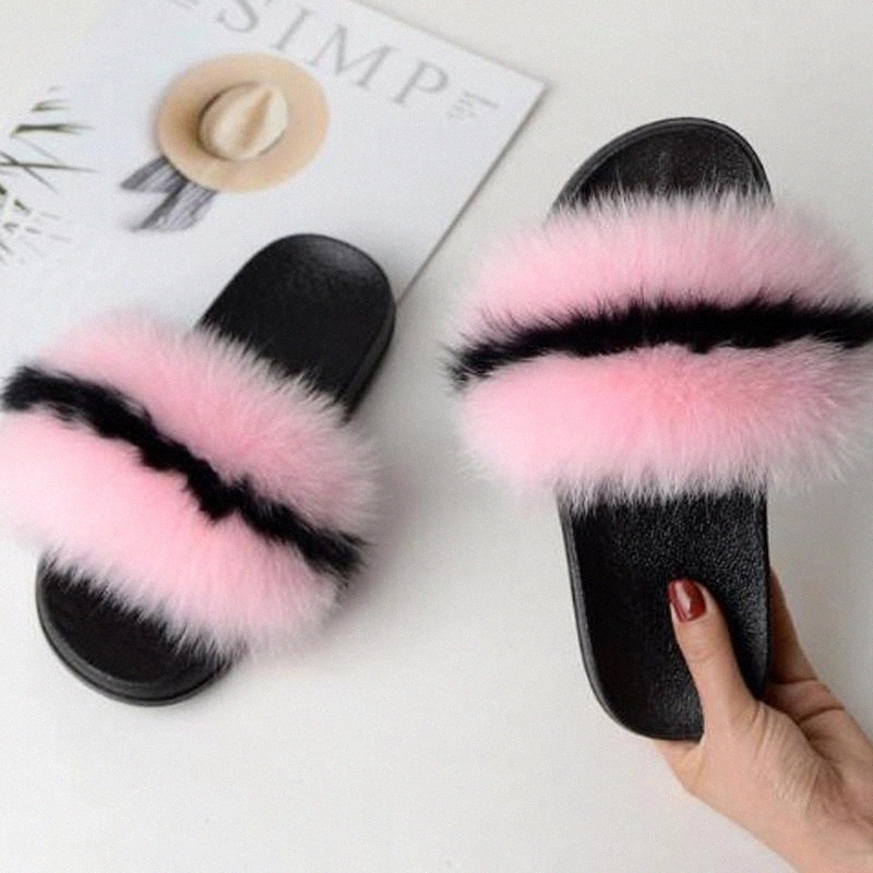 

Women's Summer Furry Flat Sandals Cute Striped Fluffy Plush Slippers Women Real Fox Fur Slides Indoor Home Fur Shoes Flip Flops #gH4o, Beige