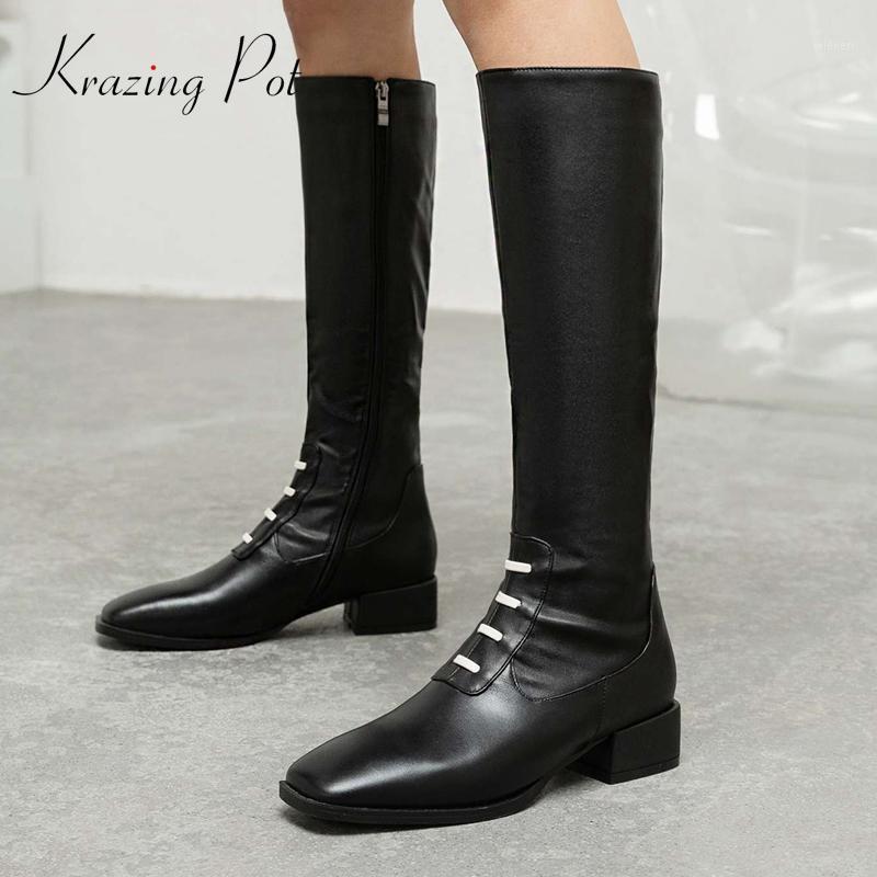 

Krazing Pot real leather square toe med heel riding boots young lady daily wear concise style solid classic knee-high boots L021, Beige