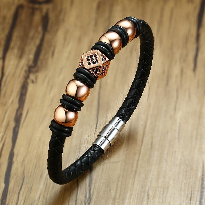 

Geometric Cube Charms Bracelet in Stainless Steel Braided Leather Beaded Bracelet