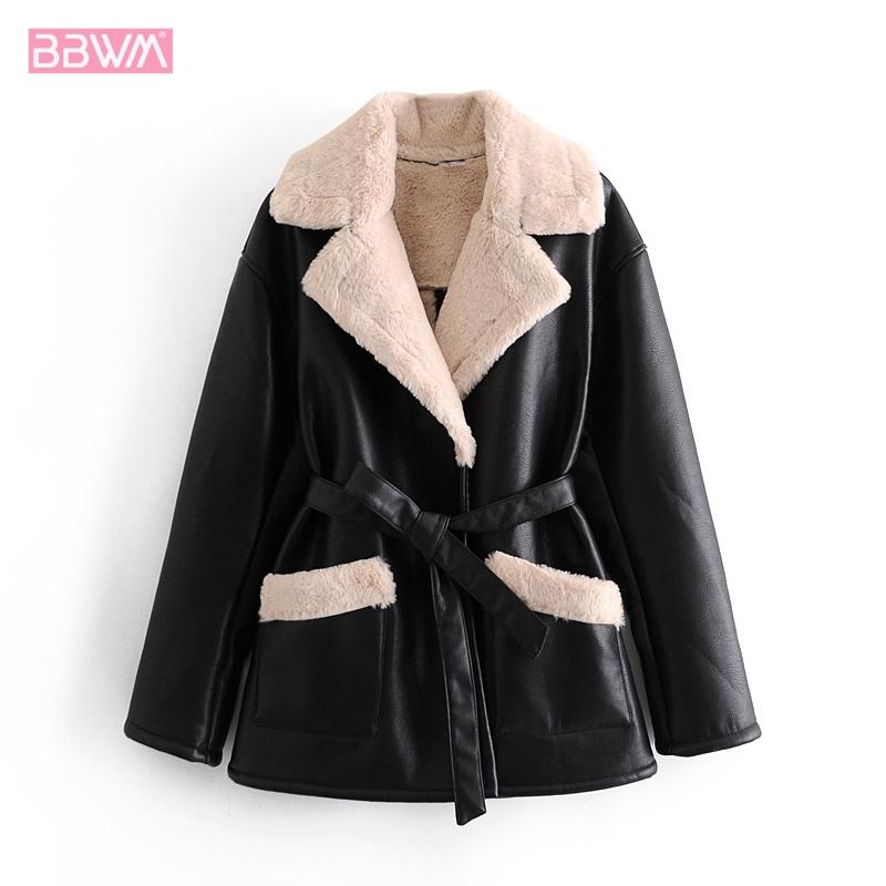 

Winter Women' Faux Leather Long Sleeve Lapel Thick Warm Jacket Coat Vintage Windproof with Belt Locomotive Chic Tops Female, Black