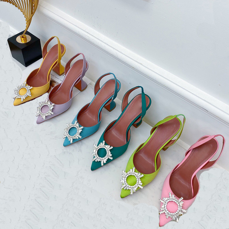 

High quality high heeled womens sandals fashion crystal decorative sunflower diamond buckle dress shoes leather sole US Size 4-12 women sandal factory footwear, Green