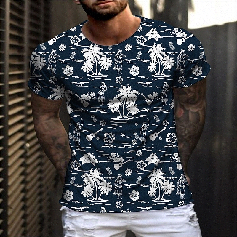 Men's Unisex T shirt 3D Print Graphic Prints Beach Crew Neck Daily Holiday Print Short Sleeve Tops Casual Designer Big and Tall Navy Blue /