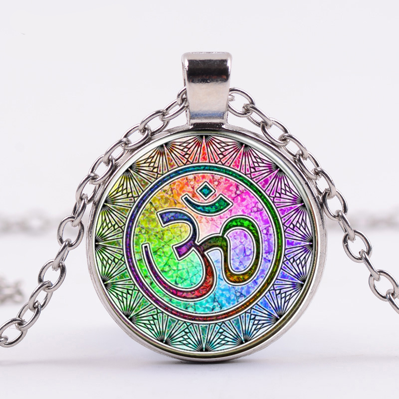 

Indian Sanskrit Om Symbol Necklace Ohm Om Aum Buddha Lotus Silver Plated Flower of Life Mandala Art Glass Chain Jewelry