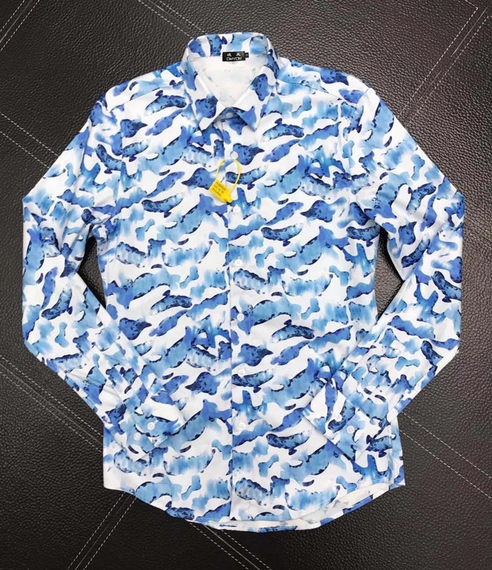 

Cotton Shirt with Marine Life Camouflage Pattern Print Men's Slim Fit Style Long-sleeved Shirt| 219109588 7315, Blue