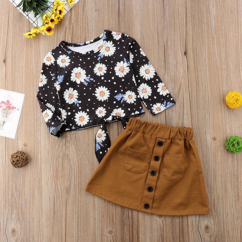 

1-6T Fashion Toddler Kid Baby Girl Clothing set Boho Beach Floral Long Sleeve Tops Suede Skirt set Cute Princess Autumn Outfit, As pic