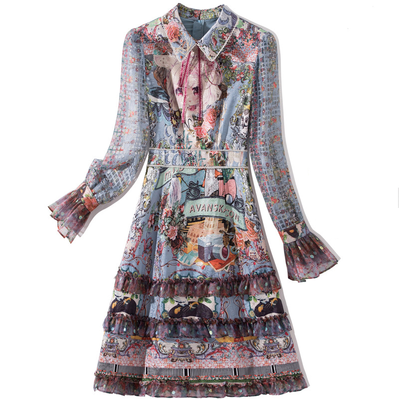 

Women' Runway Dresses Turn Down Beaded Collar Long Sleeves Cartoons Printed Ruffles A Line Elegant Dresses Vestidos, Multi