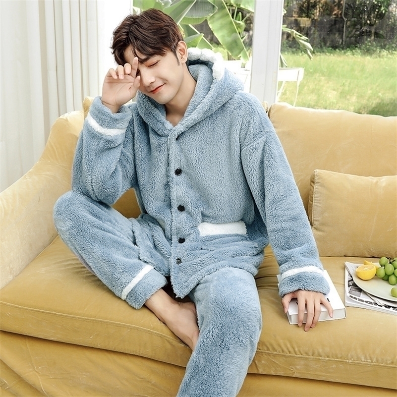 

Winter Warm Soft Coral fleece Pajamas Men Women Long-sleeved Sleepwear Pijama Couple Homme Nightwear Cardigan Pyjamas 201111, Blue
