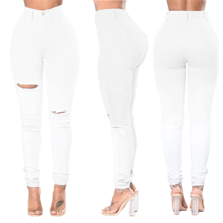 

Women Hole Ripped White Jeans High Waistline Elastic Skinny Pencil Pants Spring New Fashion Design Gilrs Butt-lift Trousers Streetwear, As picture show