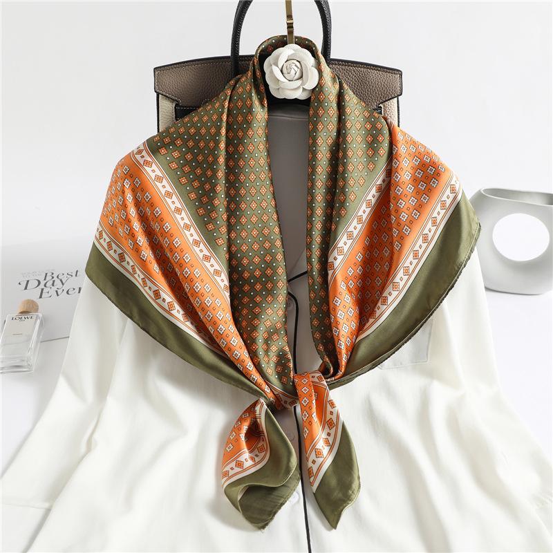 

Women Spring Summer Autumn Elegent Fashion Soft Geometric Printed 90X90cm Large Hijab Shawl Kerchief Square Silk Bandana Scarf