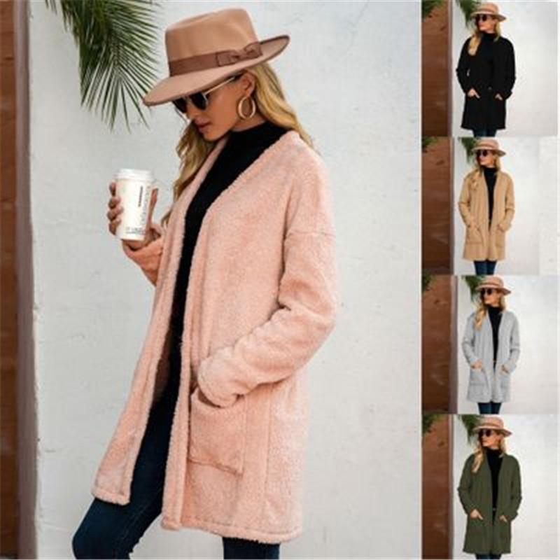 

Ladies Solid Color Outerwear Fashion Trend Plush Long Sleeve Cardigan Coats Designer Female Autumn New Pocket Casual Loose Mid-length Coat, Pink
