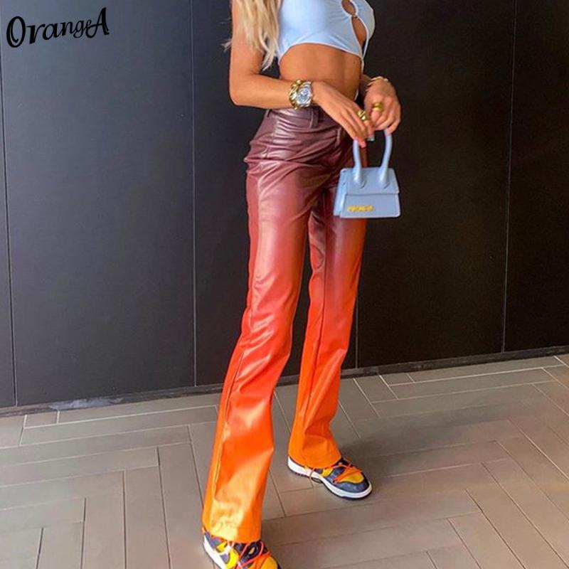 

OrangeA Women Gradient Colorful Y2K Faux Leather Pants Straight Vintage Office Lady Slim 2021 Spring Fashion Streetwear Trousers, Orange