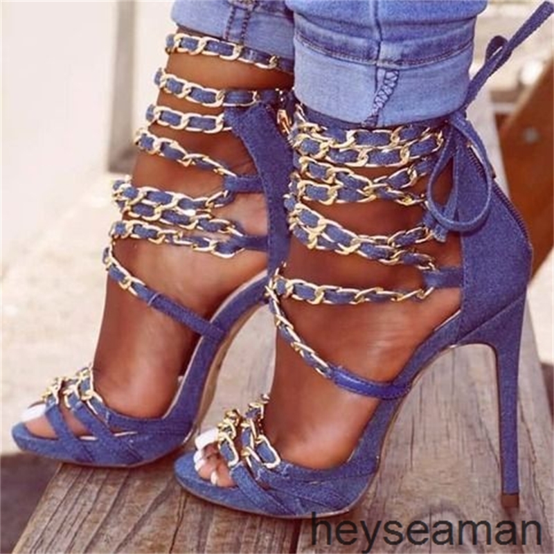 

Dress Shoes Solid denim chain sexy stiletto sandals 9IVM, 2# shoe box