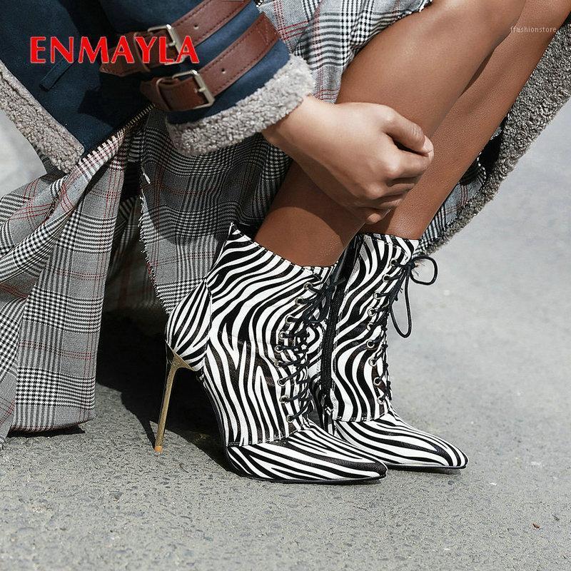 

ENMAYLA 2020 Zebra Grain Basic PU Ankle Boots for Women Lace-Up Women Boots Pointed Toe Thin Heels Luxury Shoes Designers1, Gold