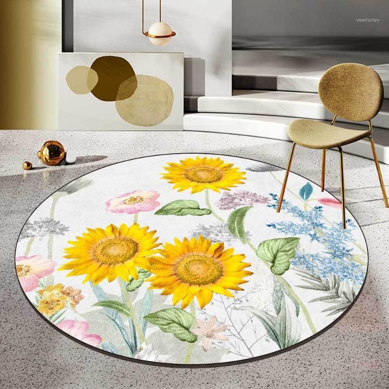 

Pastoral Sunflower Daisy Round Carpet Living Room Bedroom Bedside Dining Sofa Table Non-slip Floral Rug Chair Circle Mat tapetes1