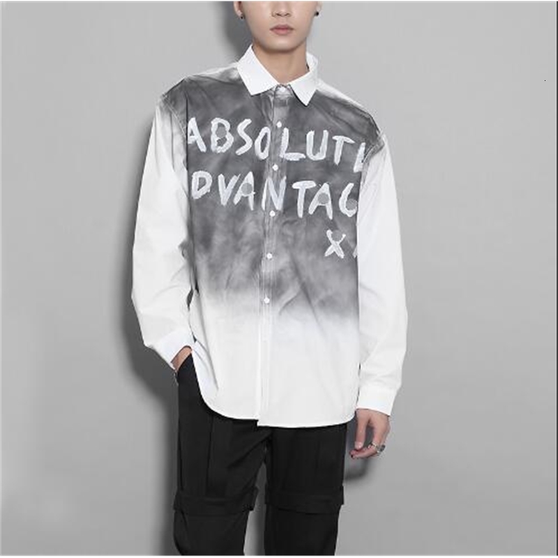 

2021 New Original Spring Jacket in Style Hong Kong Retro Personality Imprint Tie-dye Collision White Shirt Long Sleeves Man NV3S