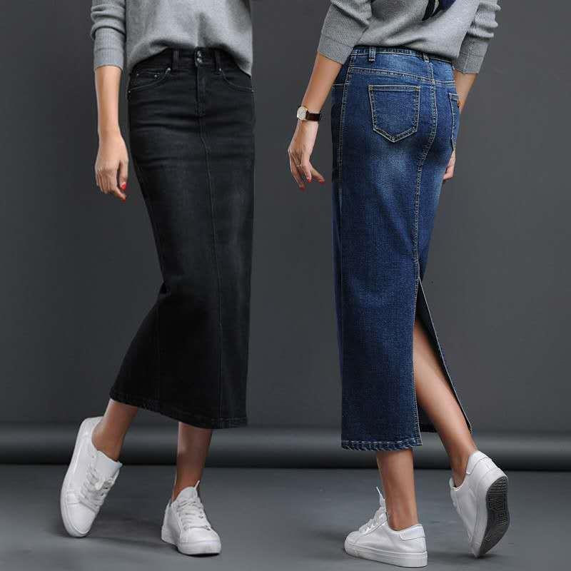 Classic Denim Womens Skirt Woman Long Jeans Split High Waist Skirts Women Washed Jupe Femme Black Blue-image-605172399