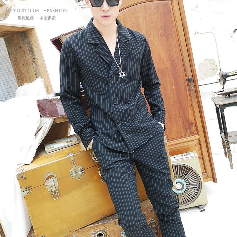 

2020 Striped suit collar long-sleeve shirt set is Korean version of British slim shirt striped Big yards men's clothing1, Stripe
