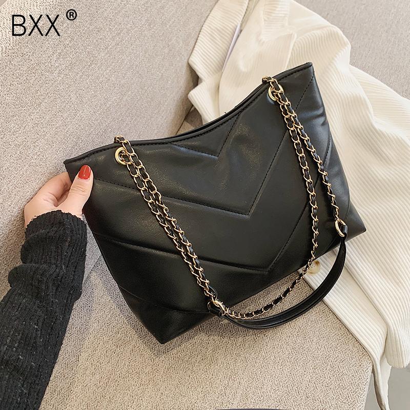 

[BXX] Chain PU Leather Crossbody Bags for Women 2021 Lady Shoulder Handbags Female Fashion Solid Color Travel HQ566, Black