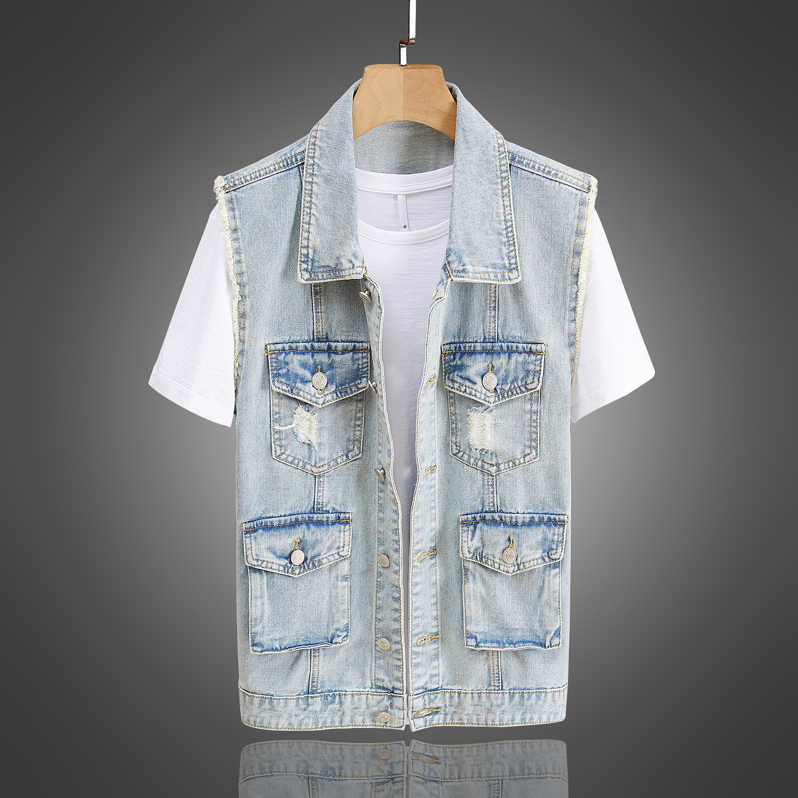 

2021 New Fashion Streetwear Retro Blue Slim Fit Hip Hop Ripped Denim Vest Men Sleeveless Overall Destroyed Biker Chaqueta Mk80