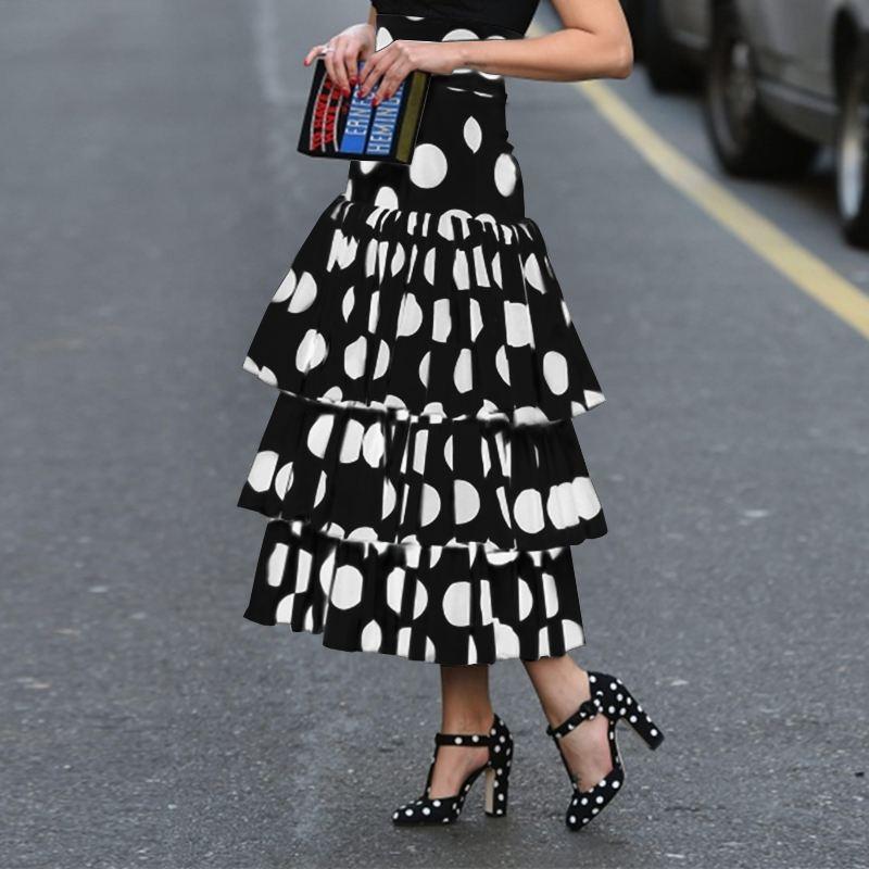 

VONDA 2020 Women' Fashion Skirts Female High Waist Polka Dot Print Pleated Skirts Holiday Party Layered Long -5XL, Black