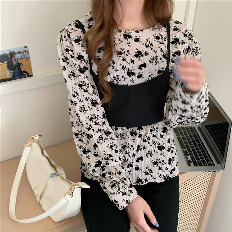 

Vintage Two Piece Blouse women Autumn Korean Long Sleeve Vest and Blouses Tops Ladies streetwear shirts blusas camisas mujer, Black vest