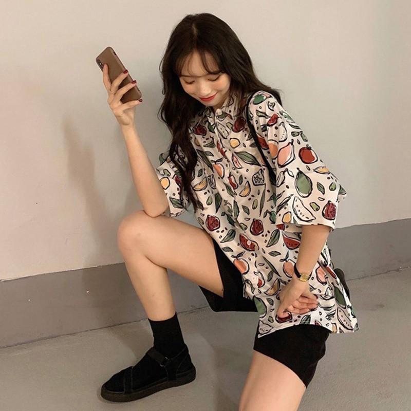 

Women's Loose Hip-hop Streetwear Shirt Vintage Hawaii Print Button Down Harajuku Ladies Tops Summer Oversized Blouse, As pic