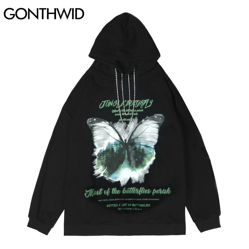 

Creative Jungle Butterfly Print Hoodes Streetwear Hip Hop Harajuku Casual Fashion Pullover Sweatshirts Men Women Tops, White