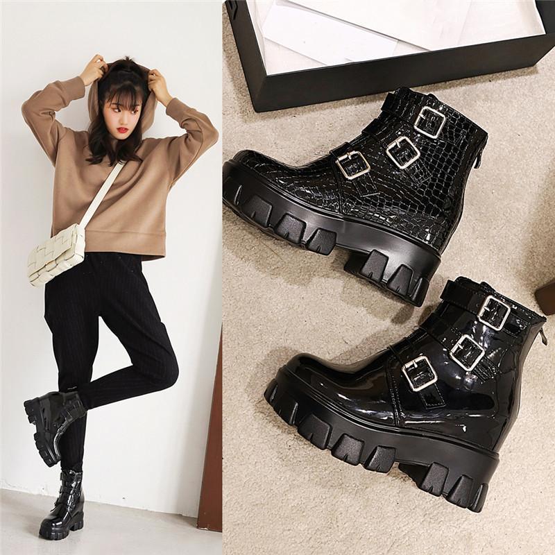 

YMECHIC Black Snakeskin Pattern Buckle Strap Ankle Boots for Women Booties Gothic Platform Shoes Woman Footwear Knight Boots 391, She wen