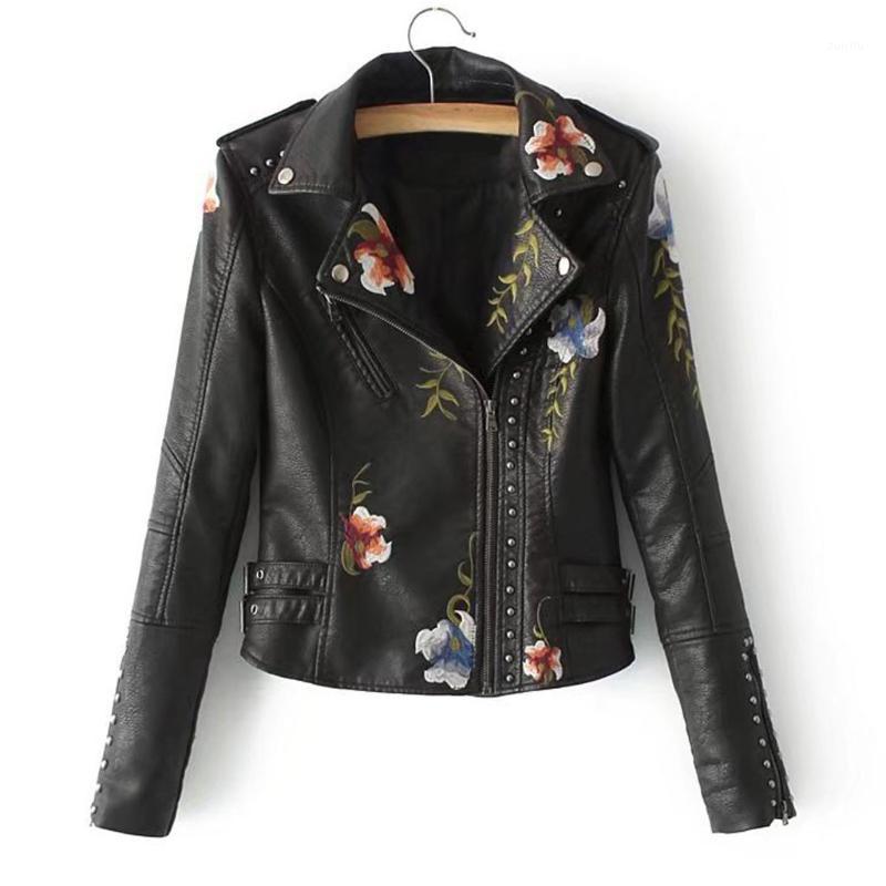 

New Women' Coat Studded Pu Leather Embroidered Motorcycle Jacket - Ladies Slim-fit Embroidered Flower Short Biker Jacket Coat1, Beige