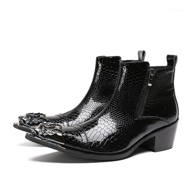 

Winter Mens shoes high heels black genuine leather cool army boots zipper decor metal tip ankle cowboy boots mens1, As picture