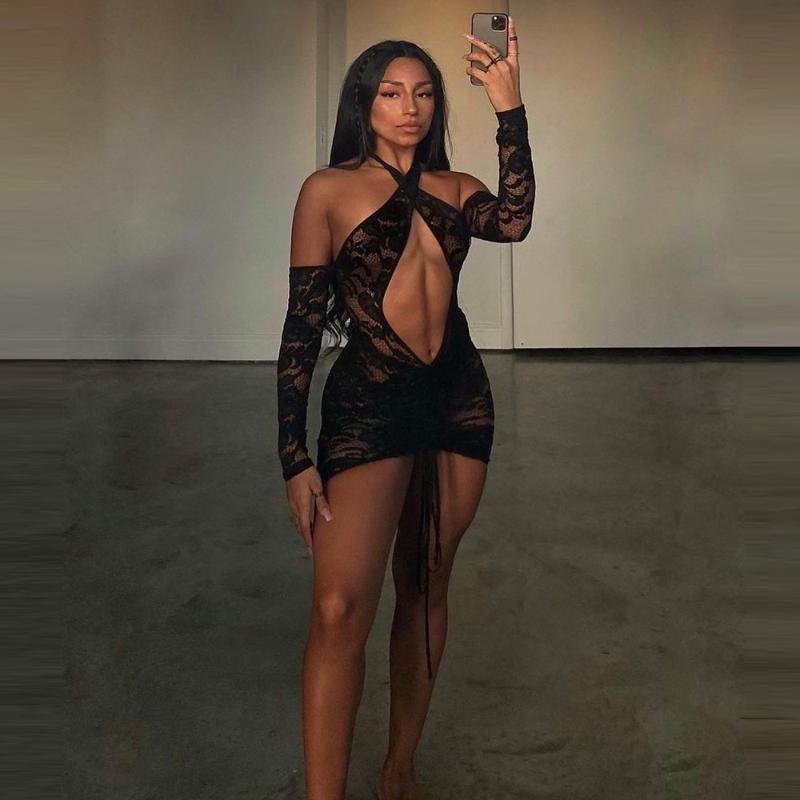 

Casual Dresses Hirigin Sexy Lace Drawstring Ruched Crossed Halter Mini Dress Women Long Sleeve Backless Bodycon Outfits Vestidos 2022, Black