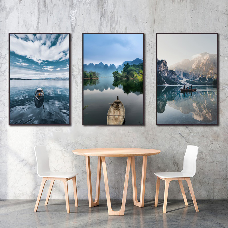 

Lake View Canvas Painting Natural Landscape Mountain Boat Posters and Prints Wall Art for Living Room Bedroom Home Decor Poster