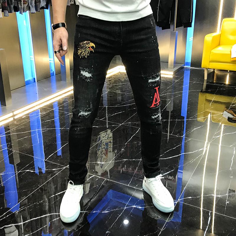 

Fall 2020 men's new jeans with holes and holes Eagle letter embroidery Black Slim Leggings men's elastic youth mid waist pants