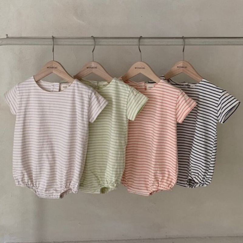 

2021 New Girls Clothes Short Sleeve Bodysuit Baby Girl Summer Outfits Cotton Striped Jumpsuit Infant Boys Bodysuits J5zb, 7673purple