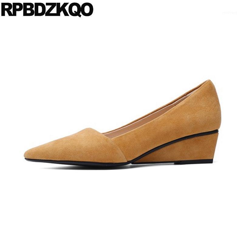 

black 2020 wedge pumps low heels genuine leather pointed toe formal suede elegant size 4 34 ladies yellow shoes women office1