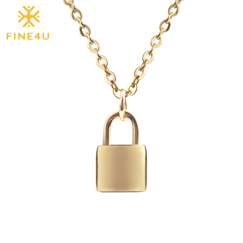 

FINE4U N185 Tiny Lock Pendant Necklace For Lovers Gold Color Stainless Steel Padlock Rolo Cable Chain Necklaces