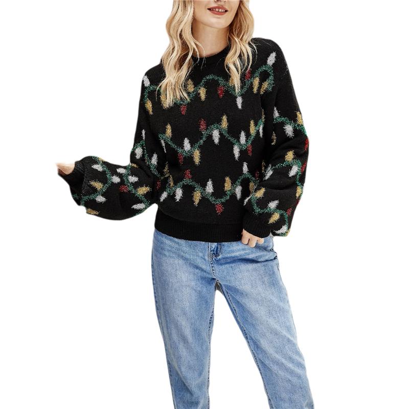 

Hot Sale Fashion Women Christmas Black Sweater, Long Puff Sleeves Round Collar Knitted Pullover, / M/ L/ XL Autumn Clothes