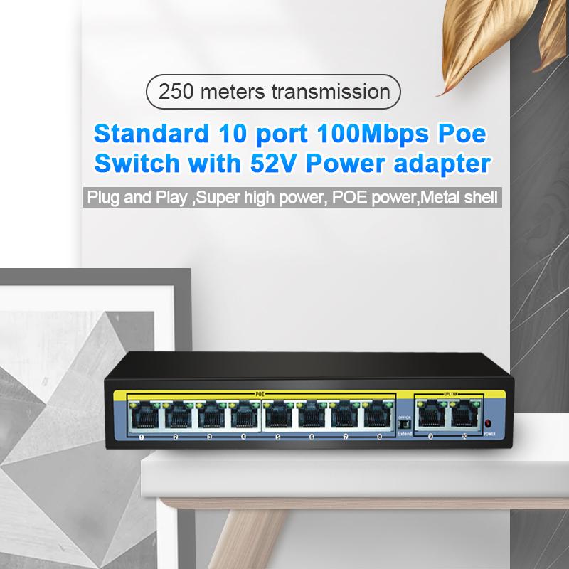 

POE Switch 48V with 10 100Mbps Ports IEEE 802.3 af/at Ethernet Network Switch Suitable for IP camera/Wireless AP/POE camera