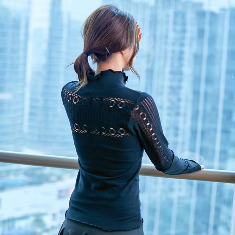 

FE478 Yoga Tops Women Shirt Long-sleeve Hollow Out Workout Tops Fitness Gym Clothes Sport T-Shirts Training Yoga Sportswear1, Black