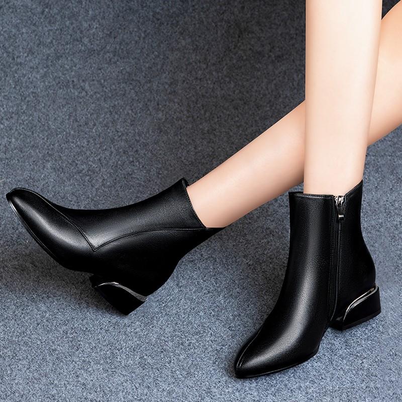 

2021 Winter Women Ankle Boots Black Office Lady Shoes Pointed Mid Heels Booties Largeh Warm botas mujer Autumn Spring 8746L, Black cotton