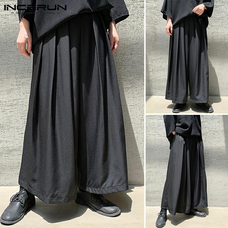 

INCERUN Men Loose Casual Pleated Pantalones Men Solid Color Wide Leg Pants Man Elastic Waist Joggers Streetwear Trousers -5XL, Black