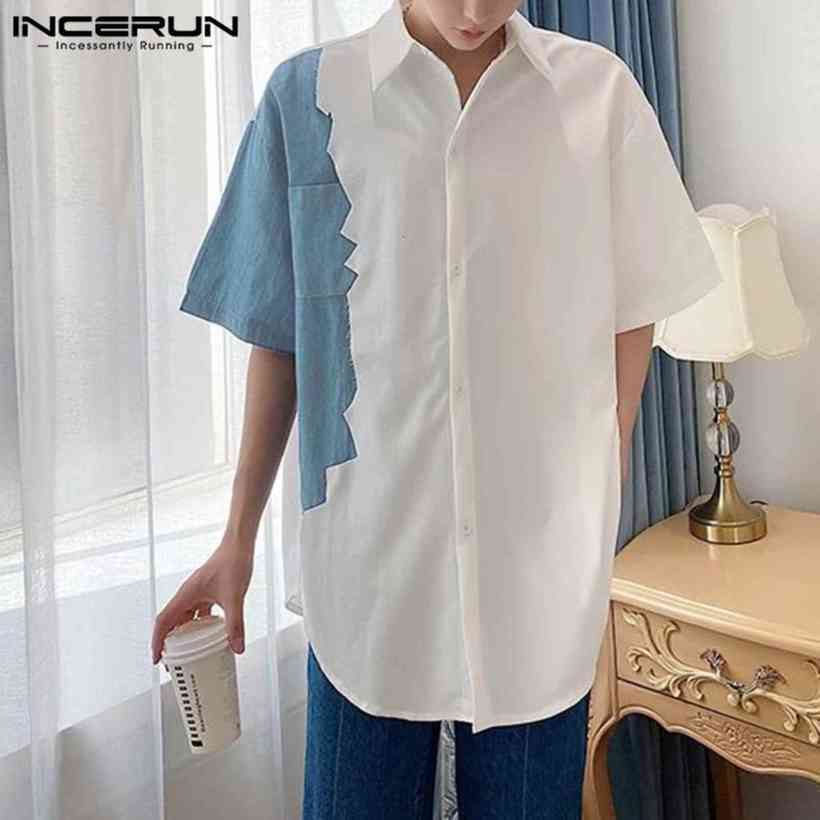 

Incerun Men Leisure Patchwork Shirts Short Mouwen Revers Throat Blouse Korean Style Man Printed Button Casual Camisa Streetwear 5XL, White