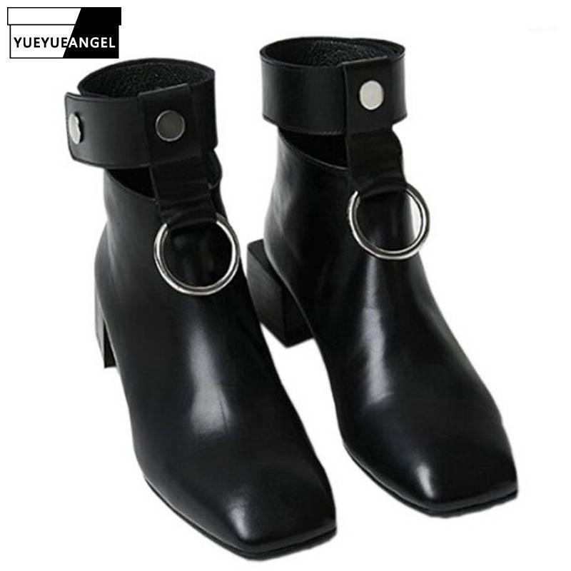 

Vintage New Square Toe Black Female Ankle Boots Spring Autumn Genuine Leather Hollow Out Metal Decoration Womens High Heel Boots1