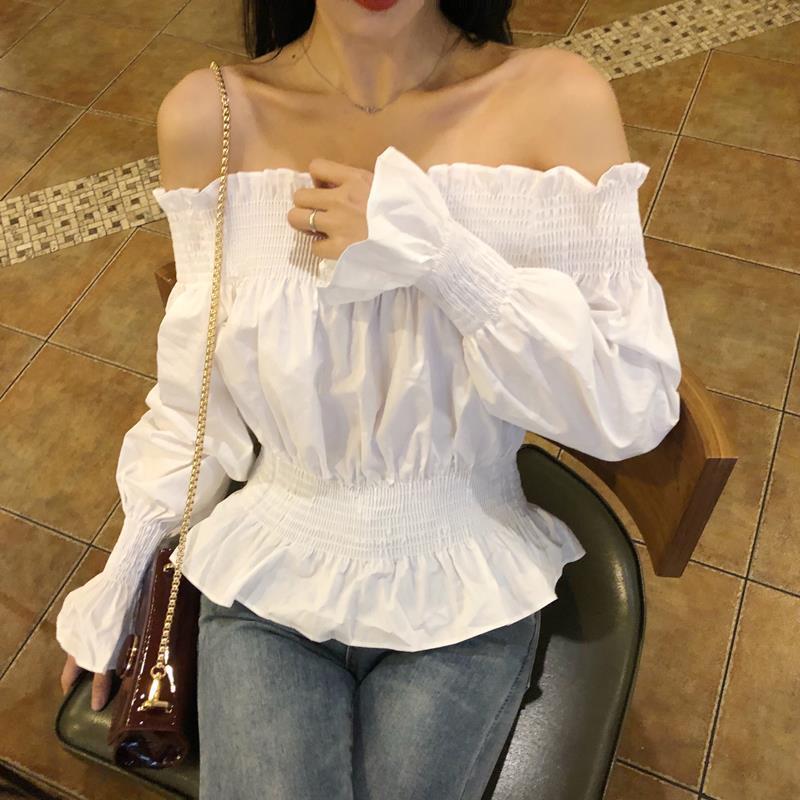 

Simple Color Off Shoulder Women Summer Dot print Lantern Sleeve Shirts Lady Sexy Slash Neck Beach Blouse, White